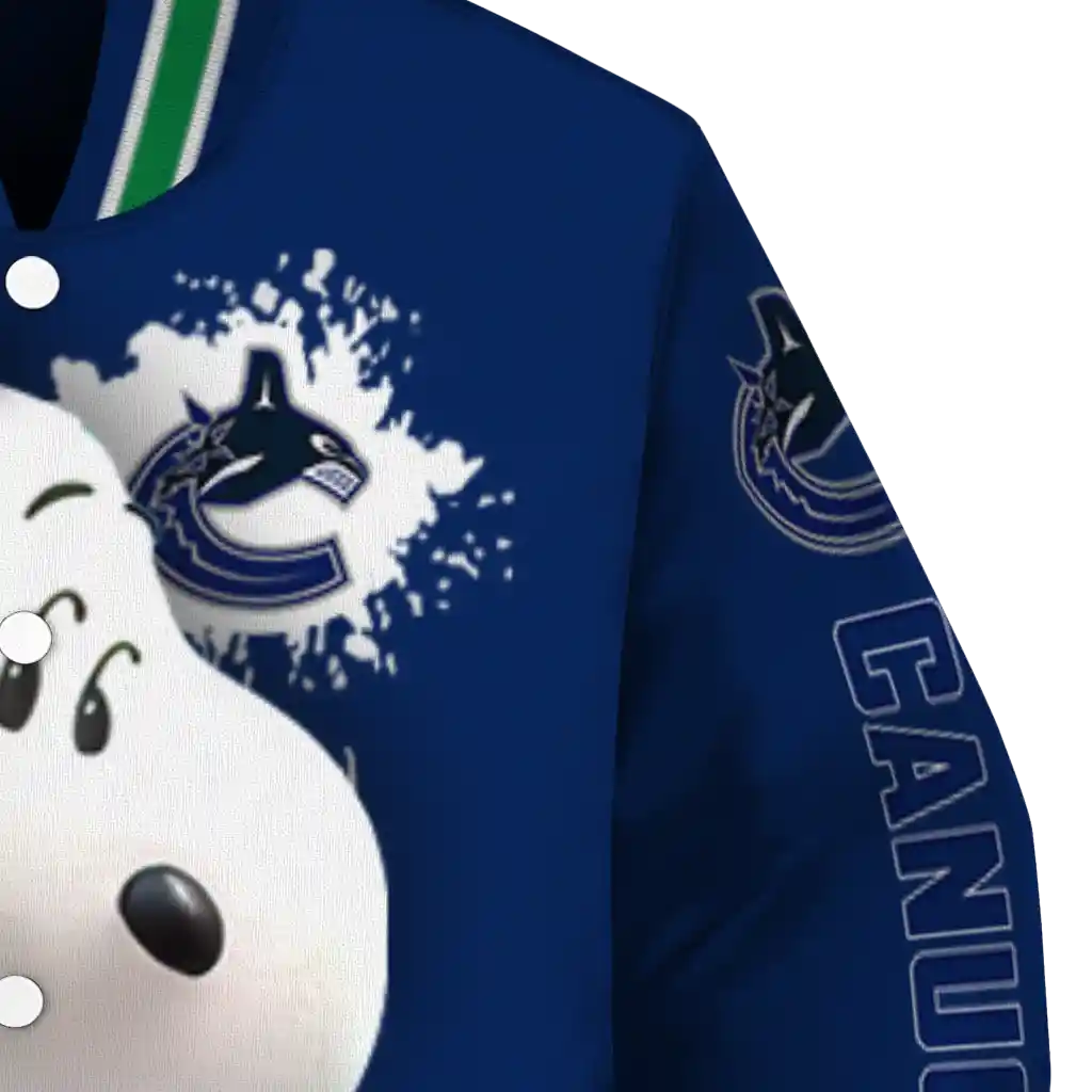 personalized vancouver canucks snoopy head blue varsity jacket premium grade personalized vancouver canucks snoopy head blue varsity jacket premium grade
