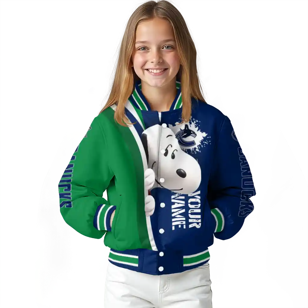 personalized vancouver canucks snoopy head blue varsity jacket top rated personalized vancouver canucks snoopy head blue varsity jacket top rated