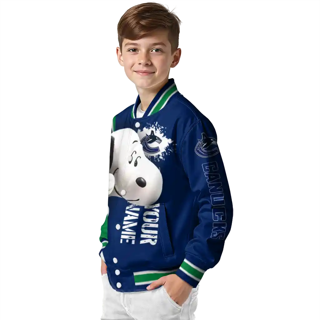personalized vancouver canucks snoopy head blue varsity jacket trendy personalized vancouver canucks snoopy head blue varsity jacket trendy