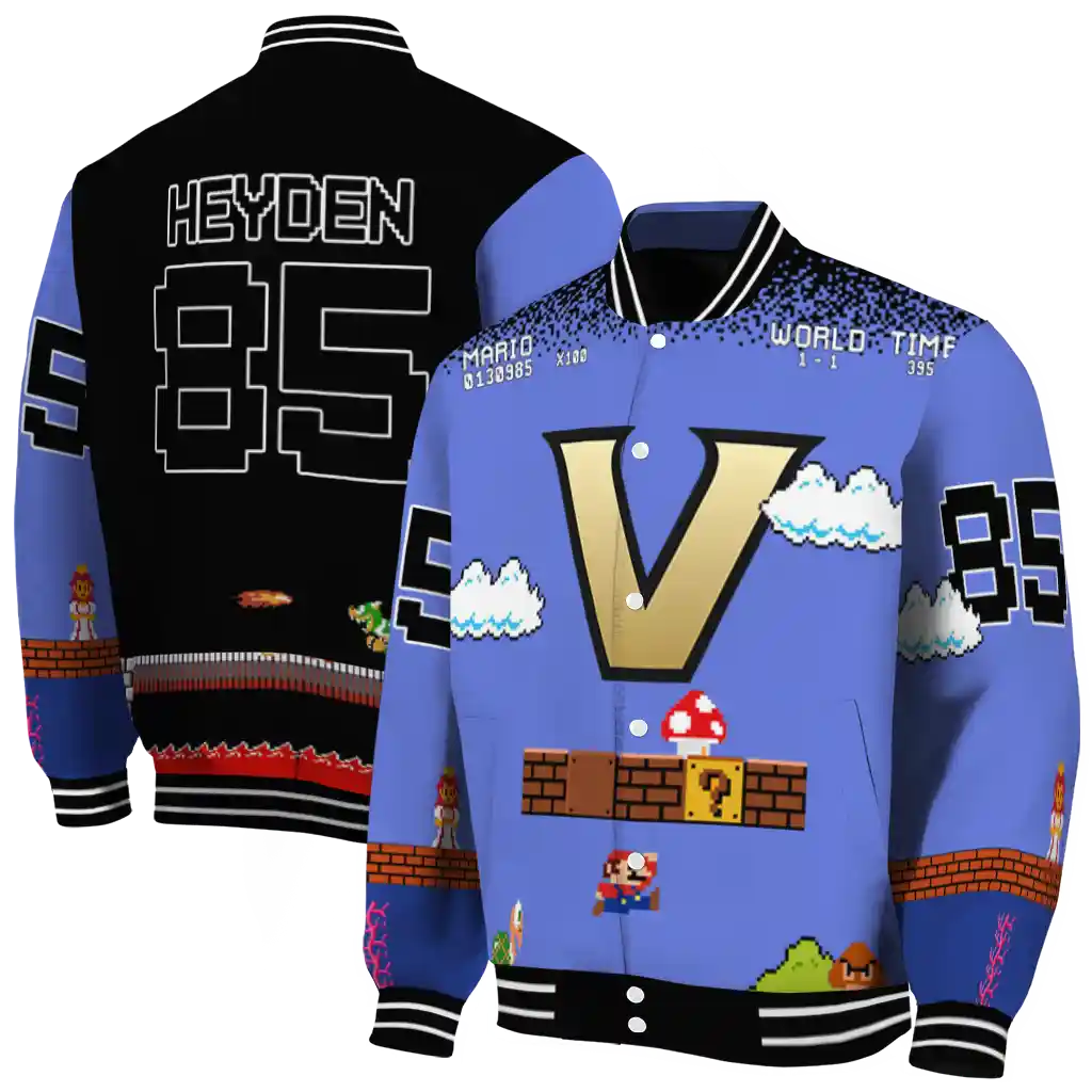 personalized vanderbilt commodores mario blocks blue black varsity jacket fashion forward personalized vanderbilt commodores mario blocks blue black varsity jacket fashion forward