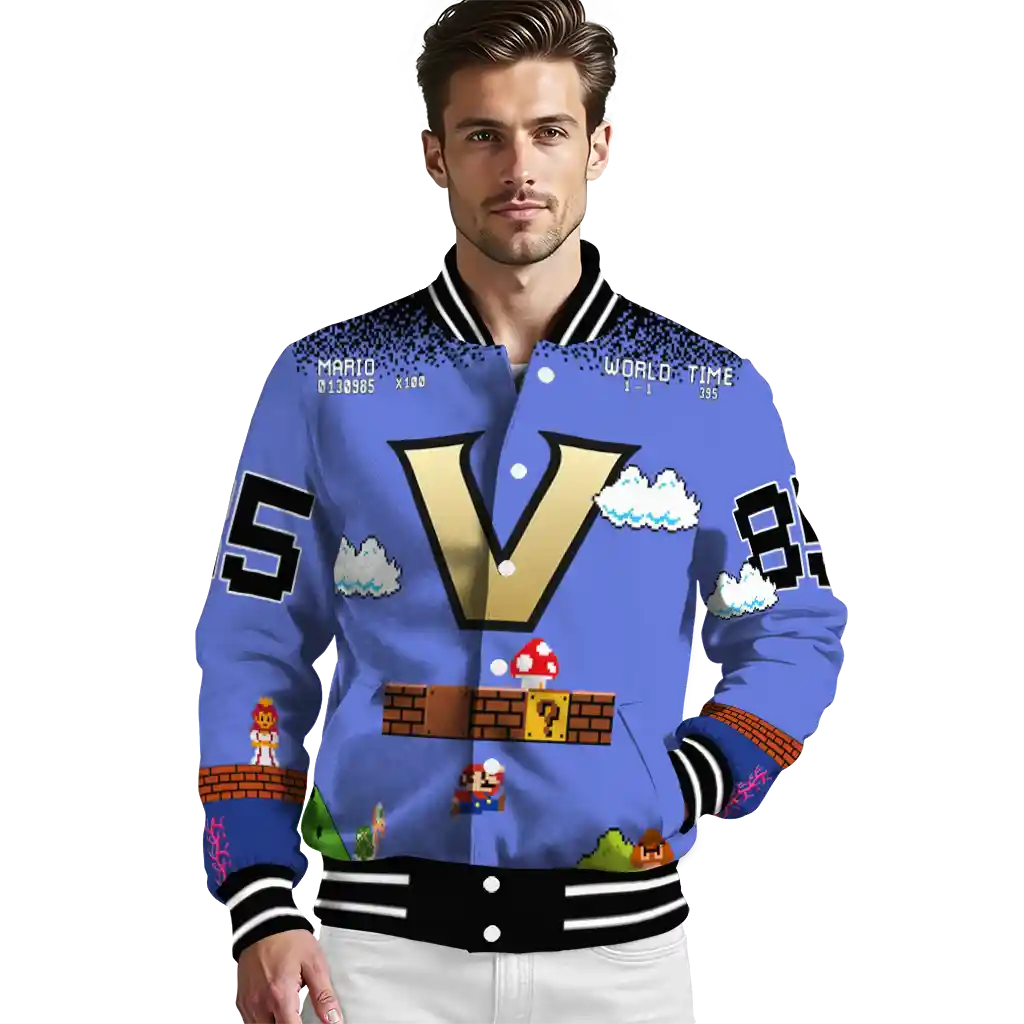 personalized vanderbilt commodores mario blocks blue black varsity jacket high quality personalized vanderbilt commodores mario blocks blue black varsity jacket high quality