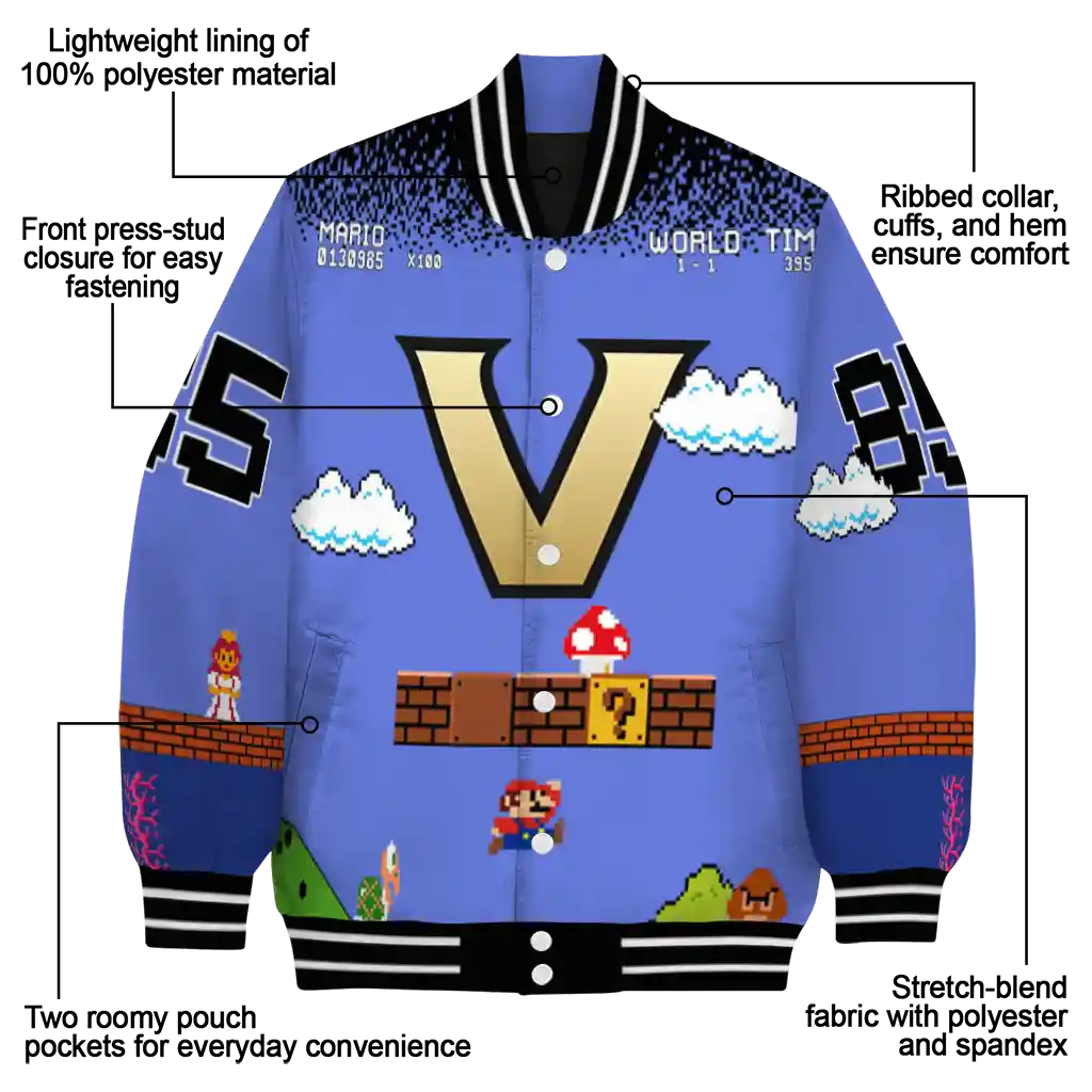 personalized vanderbilt commodores mario blocks blue black varsity jacket new arrival personalized vanderbilt commodores mario blocks blue black varsity jacket new arrival
