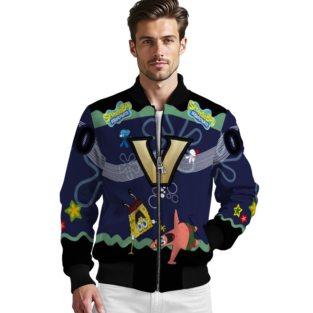personalized vanderbilt commodores spongebob playtime black blue bomber jacket high quality personalized vanderbilt commodores spongebob playtime black blue bomber jacket high quality