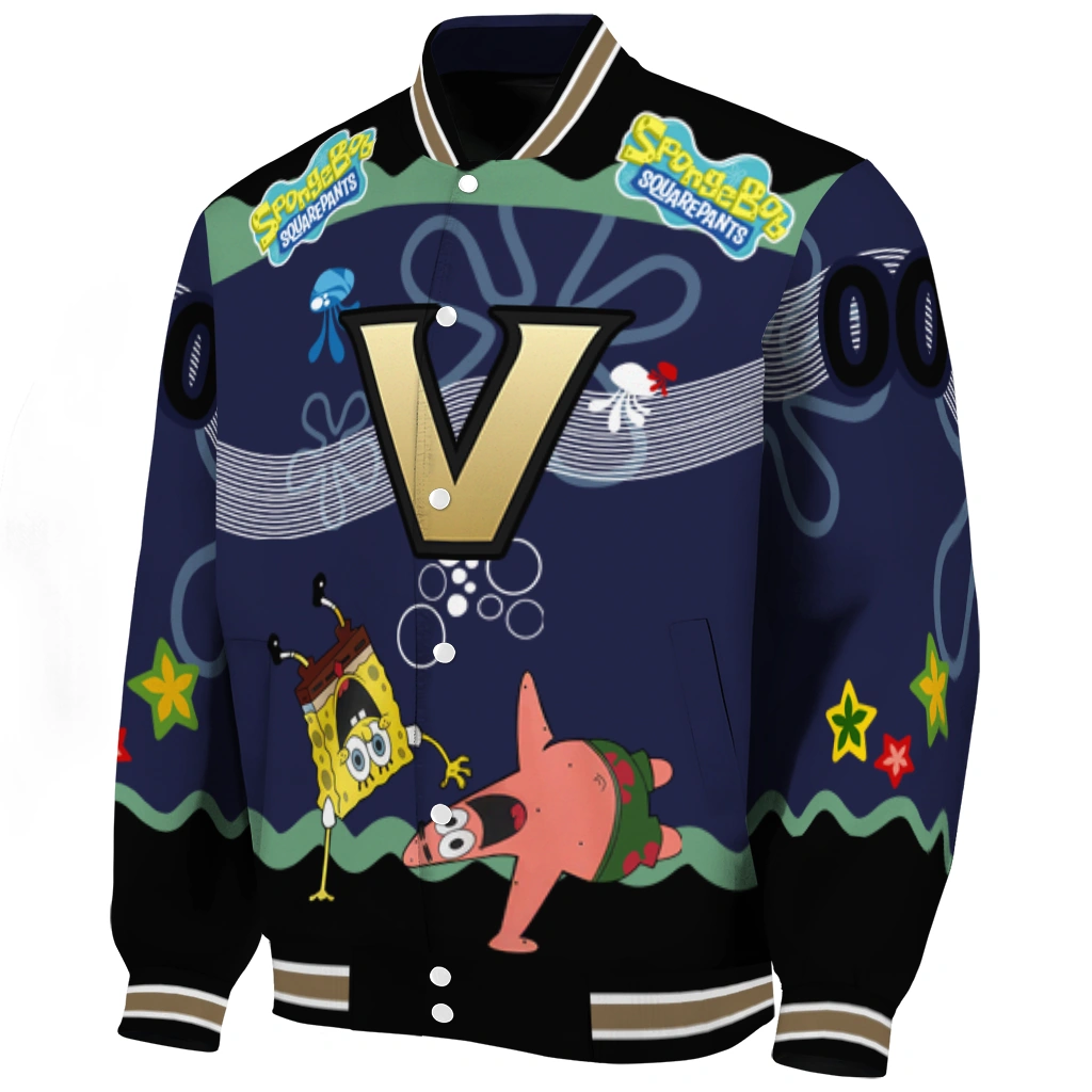 personalized vanderbilt commodores spongebob playtime black blue varsity jacket best selling personalized vanderbilt commodores spongebob playtime black blue varsity jacket best selling