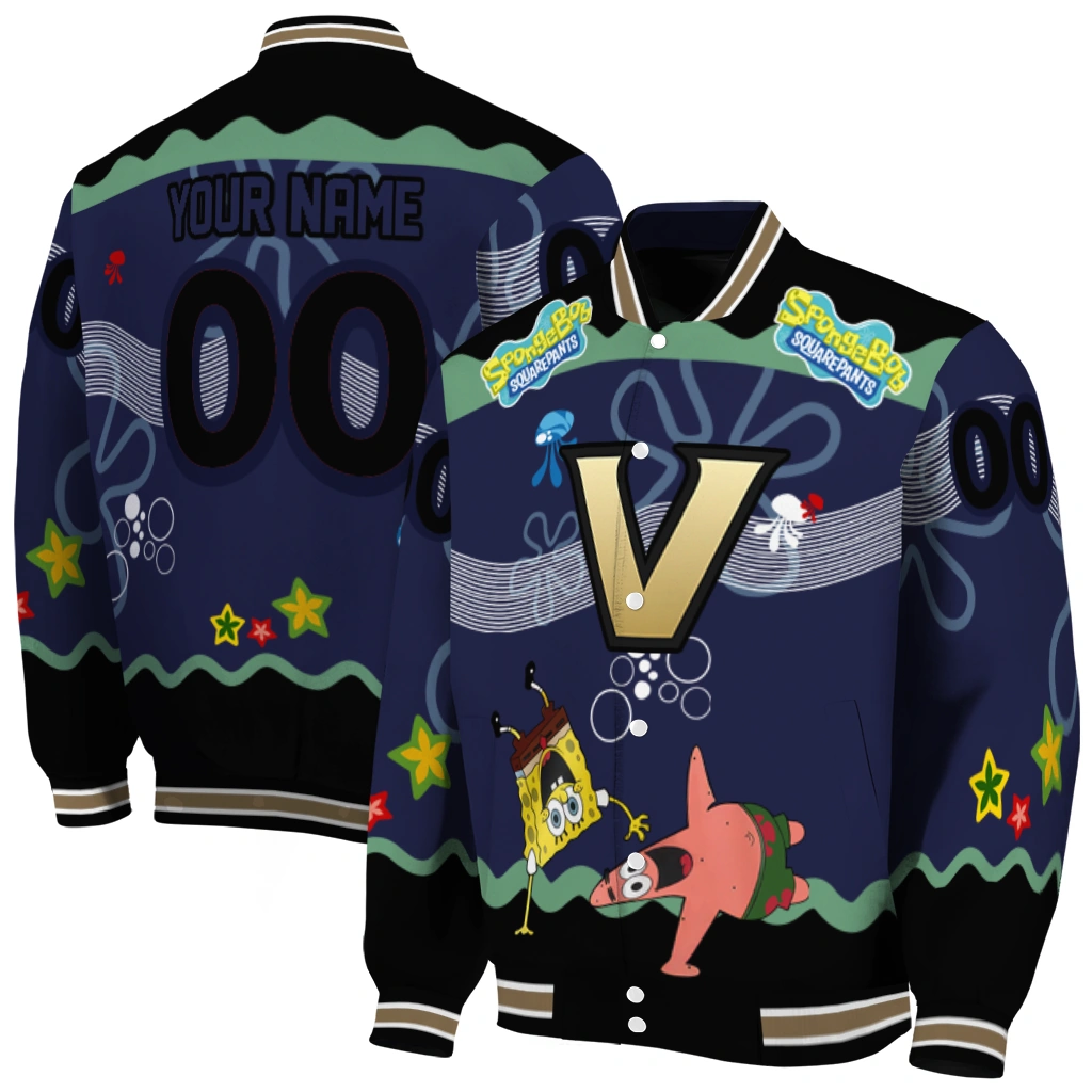 personalized vanderbilt commodores spongebob playtime black blue varsity jacket fashion forward personalized vanderbilt commodores spongebob playtime black blue varsity jacket fashion forward