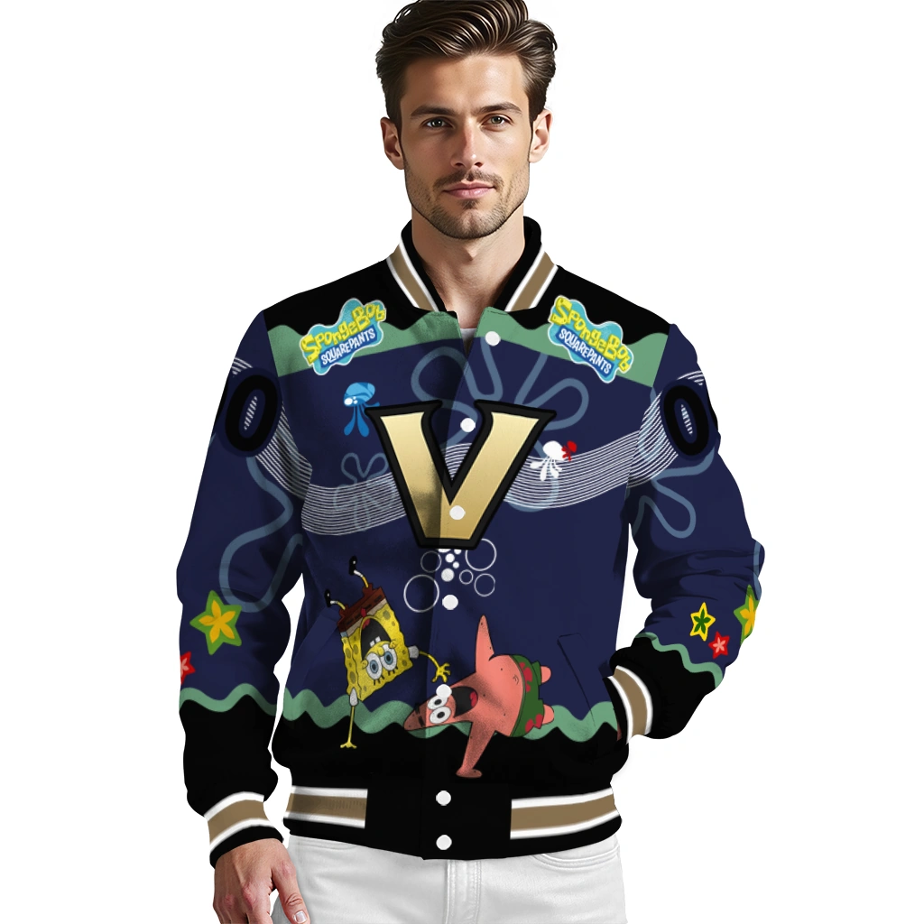 personalized vanderbilt commodores spongebob playtime black blue varsity jacket high quality personalized vanderbilt commodores spongebob playtime black blue varsity jacket high quality