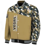 personalized vegas golden knights flag scratch effect tan varsity jacket best selling