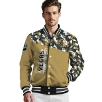 personalized vegas golden knights flag scratch effect tan varsity jacket best selling