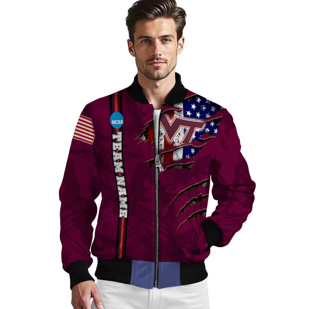 personalized virginia tech hokies usa flag claws maroon bomber jacket high quality personalized virginia tech hokies usa flag claws maroon bomber jacket high quality