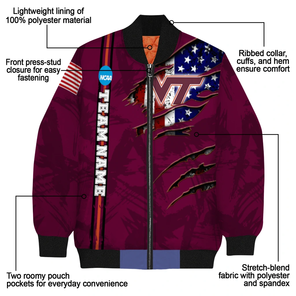 personalized virginia tech hokies usa flag claws maroon bomber jacket new arrival personalized virginia tech hokies usa flag claws maroon bomber jacket new arrival