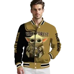 personalized wake forest demon deacons adorable yoda gold black varsity jacket best selling