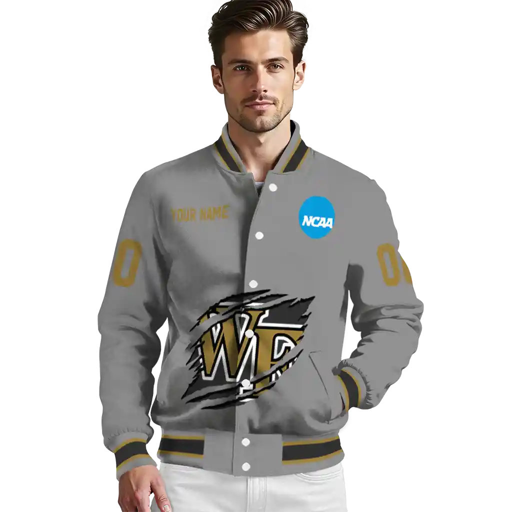 personalized wake forest demon deacons feral slash grey varsity jacket high quality personalized wake forest demon deacons feral slash grey varsity jacket high quality