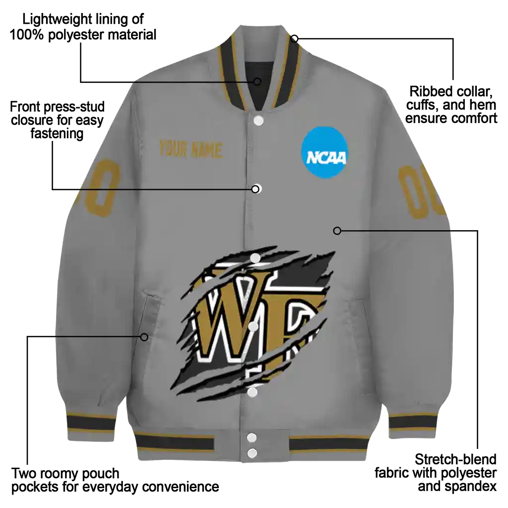 personalized wake forest demon deacons feral slash grey varsity jacket new arrival personalized wake forest demon deacons feral slash grey varsity jacket new arrival