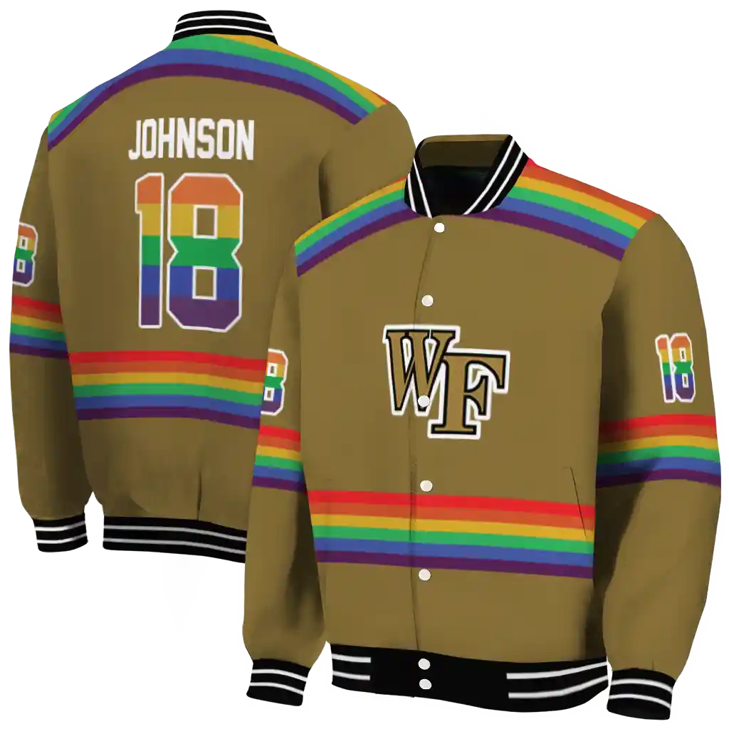 personalized wake forest demon deacons rainbow jersey number gold varsity jacket fashion forward personalized wake forest demon deacons rainbow jersey number gold varsity jacket fashion forward