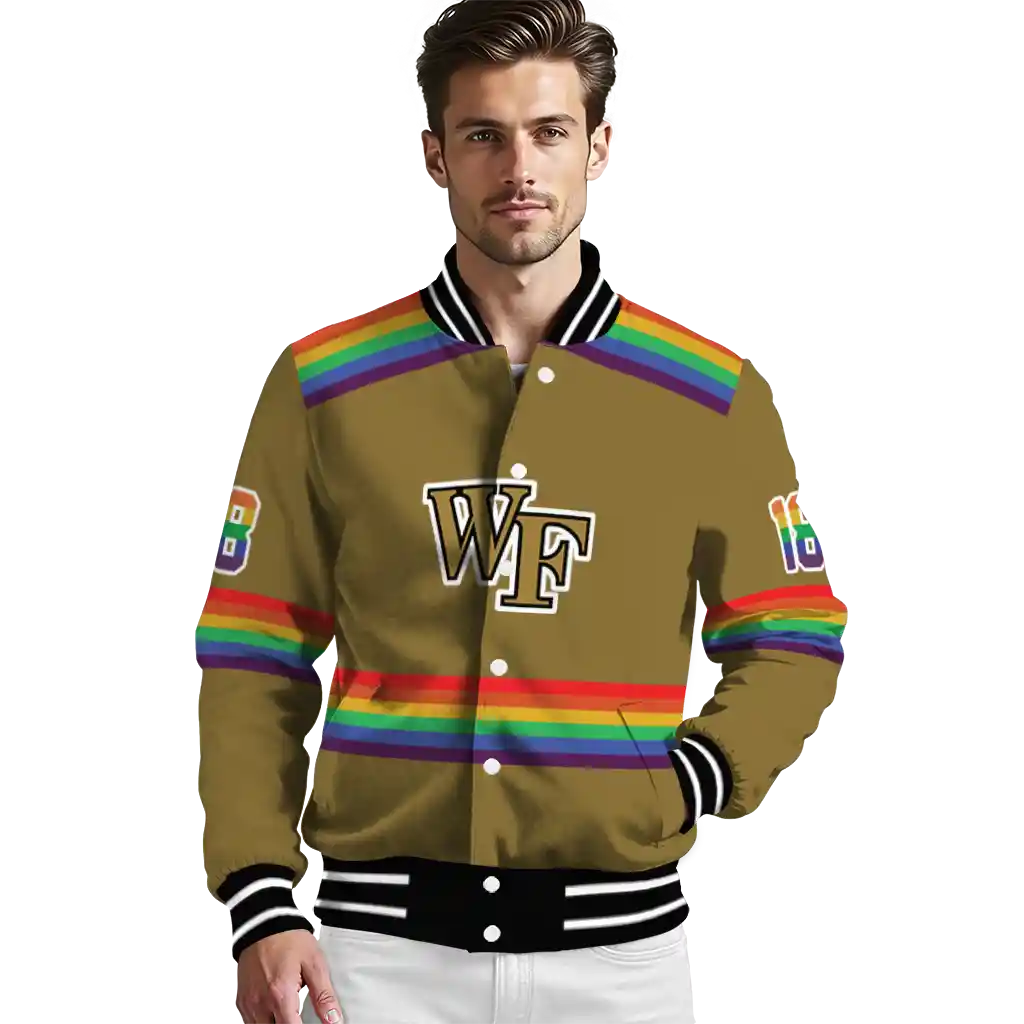 personalized wake forest demon deacons rainbow jersey number gold varsity jacket high quality personalized wake forest demon deacons rainbow jersey number gold varsity jacket high quality