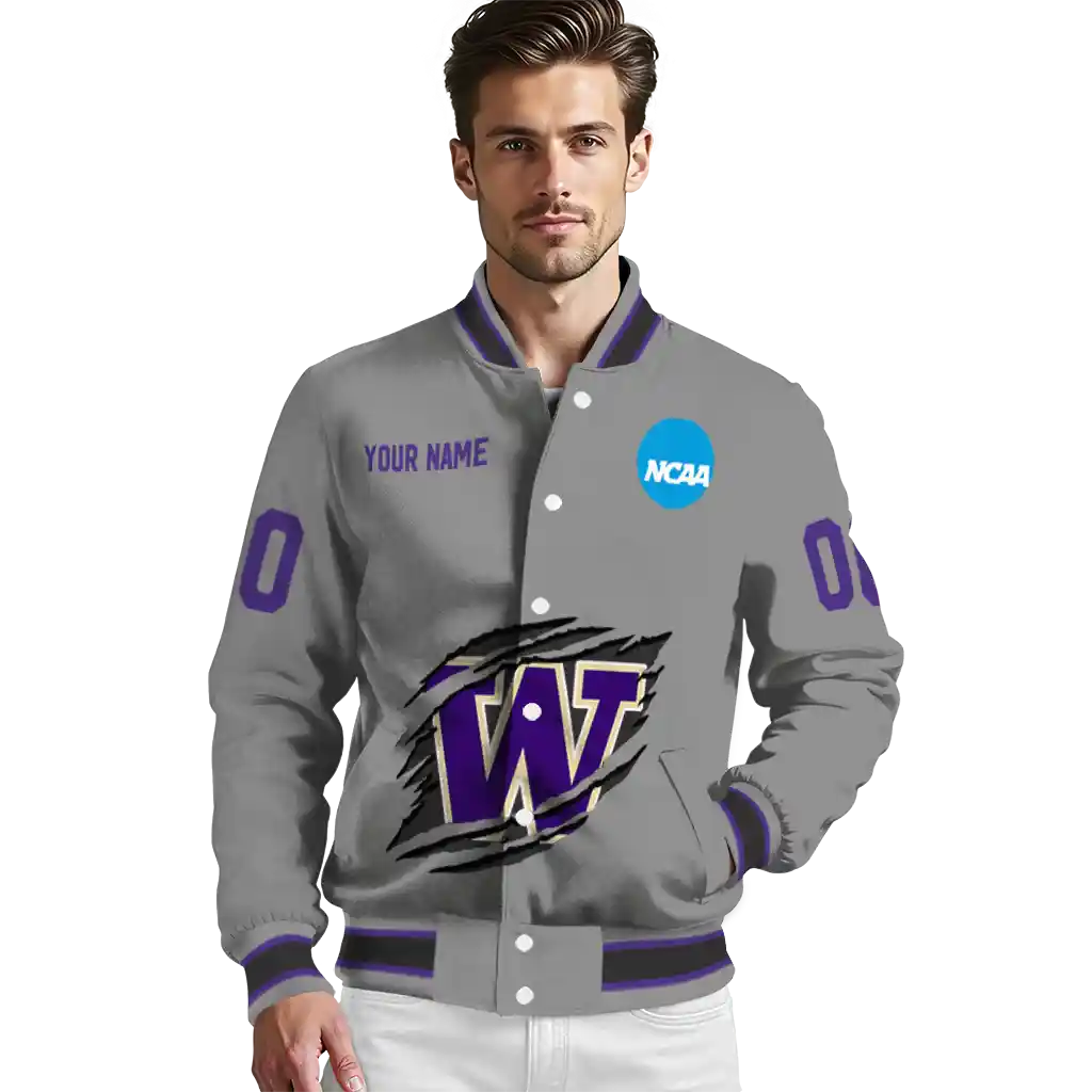 personalized washington huskies feral slash grey varsity jacket high quality personalized washington huskies feral slash grey varsity jacket high quality