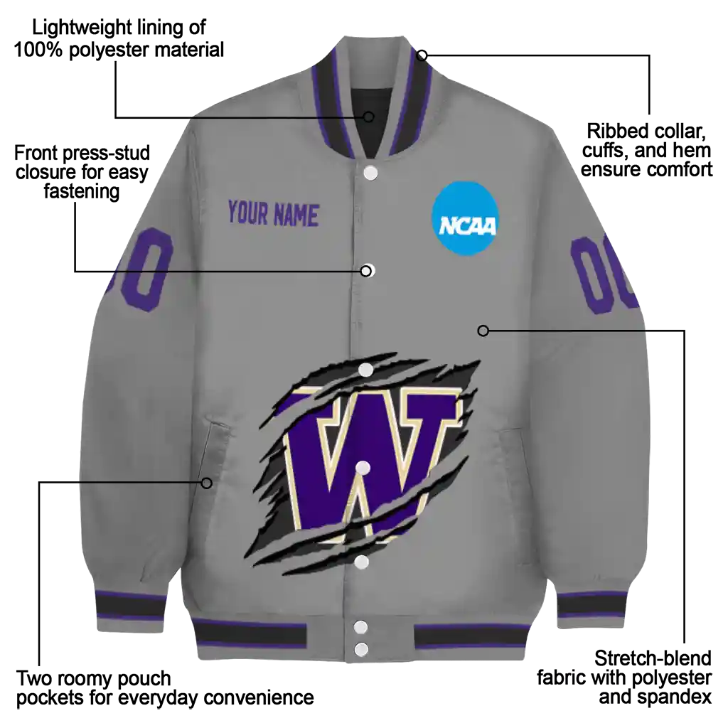 personalized washington huskies feral slash grey varsity jacket new arrival personalized washington huskies feral slash grey varsity jacket new arrival