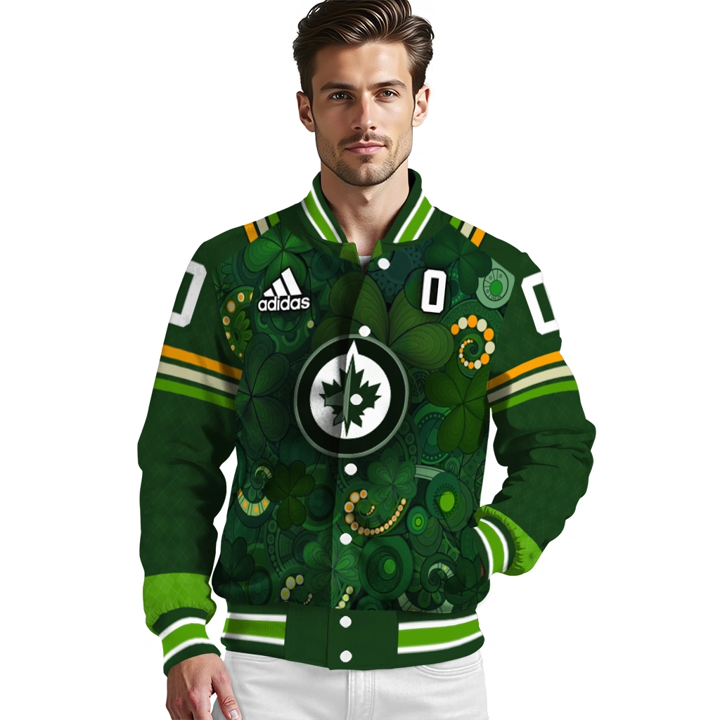 personalized winnipeg jets shamrock vortex green varsity jacket high quality personalized winnipeg jets shamrock vortex green varsity jacket high quality
