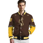personalized wyoming cowboys chevron style brown varsity jacket best selling