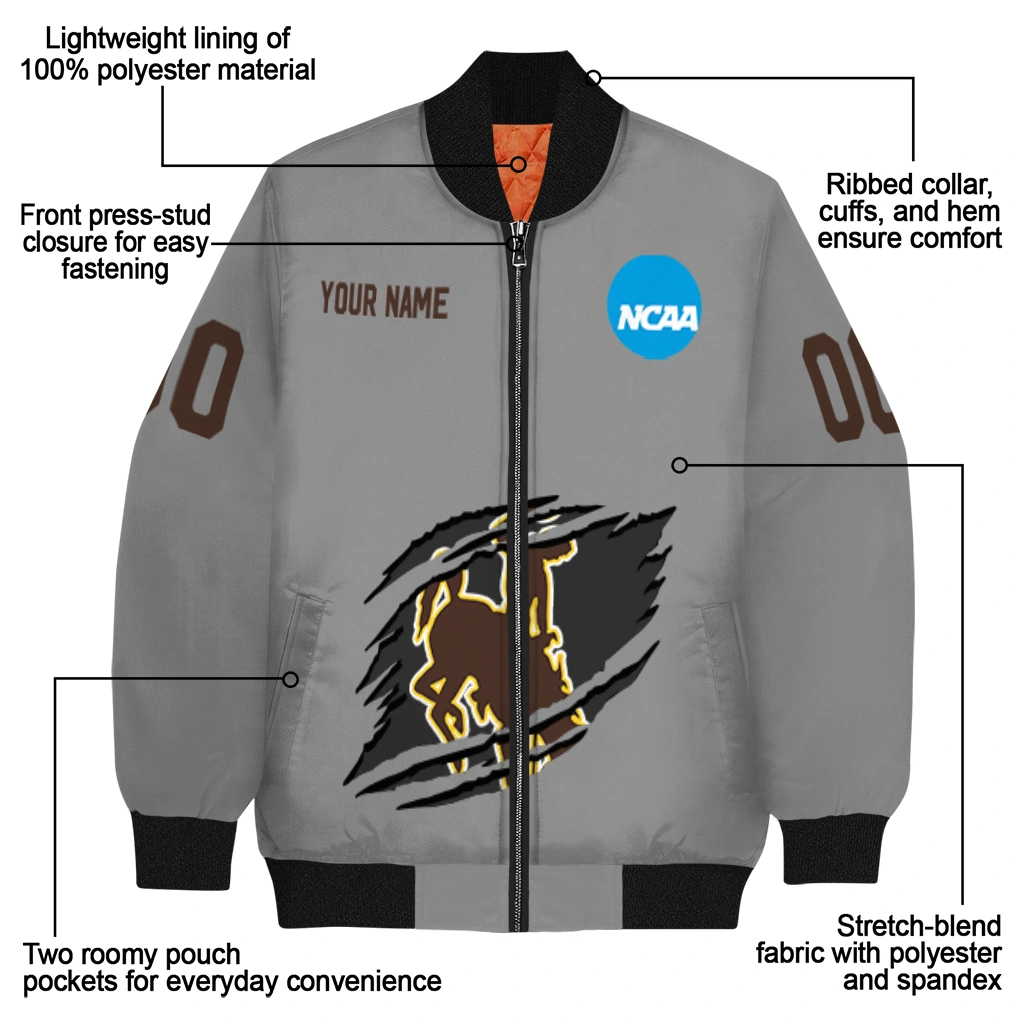 personalized wyoming cowboys feral slash grey bomber jacket new arrival personalized wyoming cowboys feral slash grey bomber jacket new arrival