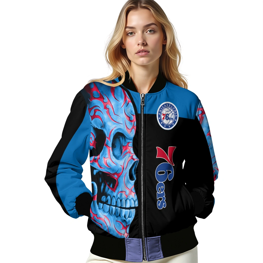 philadelphia 76ers fire skull blue black bomber jacket latest model philadelphia 76ers fire skull blue black bomber jacket latest model