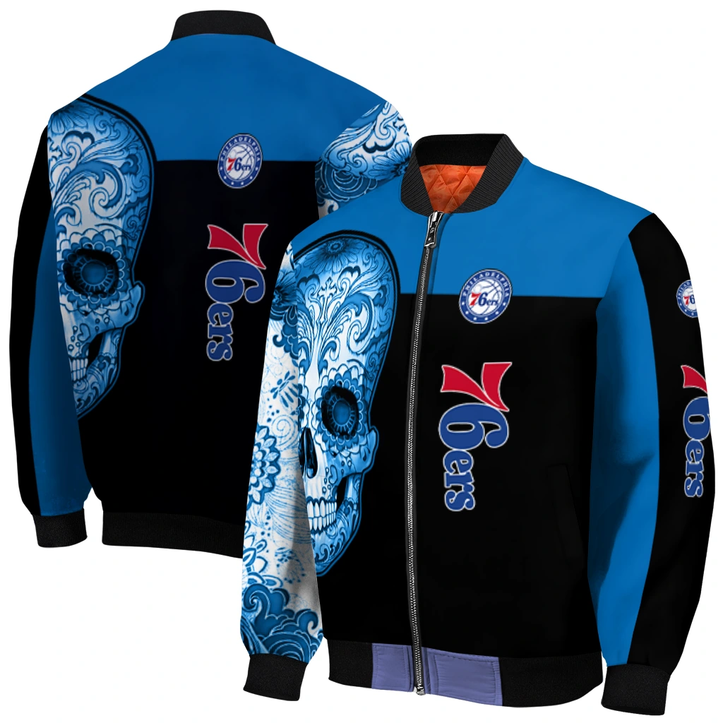 philadelphia 76ers intricate skull blue black bomber jacket best selling philadelphia 76ers intricate skull blue black bomber jacket best selling