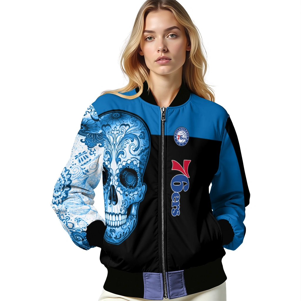 philadelphia 76ers intricate skull blue black bomber jacket latest model philadelphia 76ers intricate skull blue black bomber jacket latest model