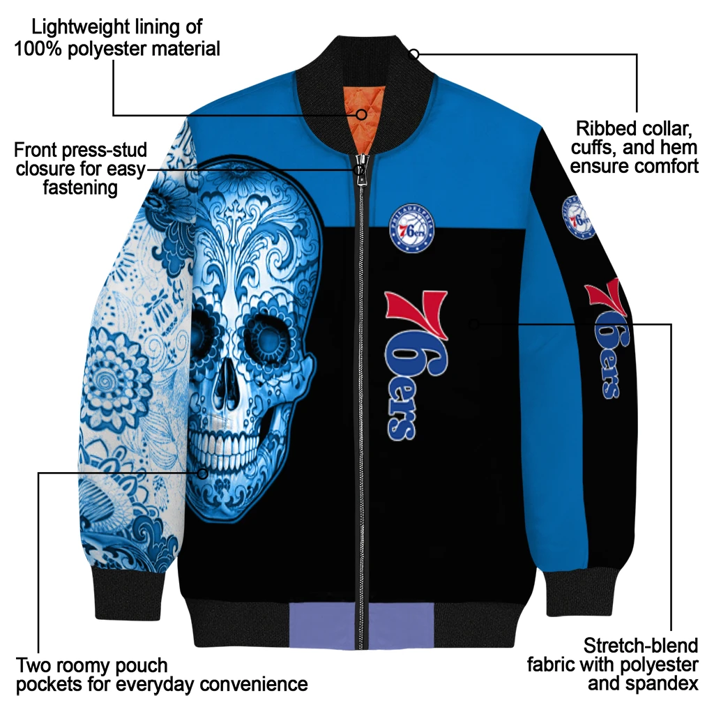 philadelphia 76ers intricate skull blue black bomber jacket new arrival philadelphia 76ers intricate skull blue black bomber jacket new arrival