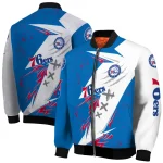 philadelphia 76ers ripped bolt blue white bomber jacket best selling