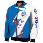 philadelphia 76ers ripped bolt blue white bomber jacket best selling