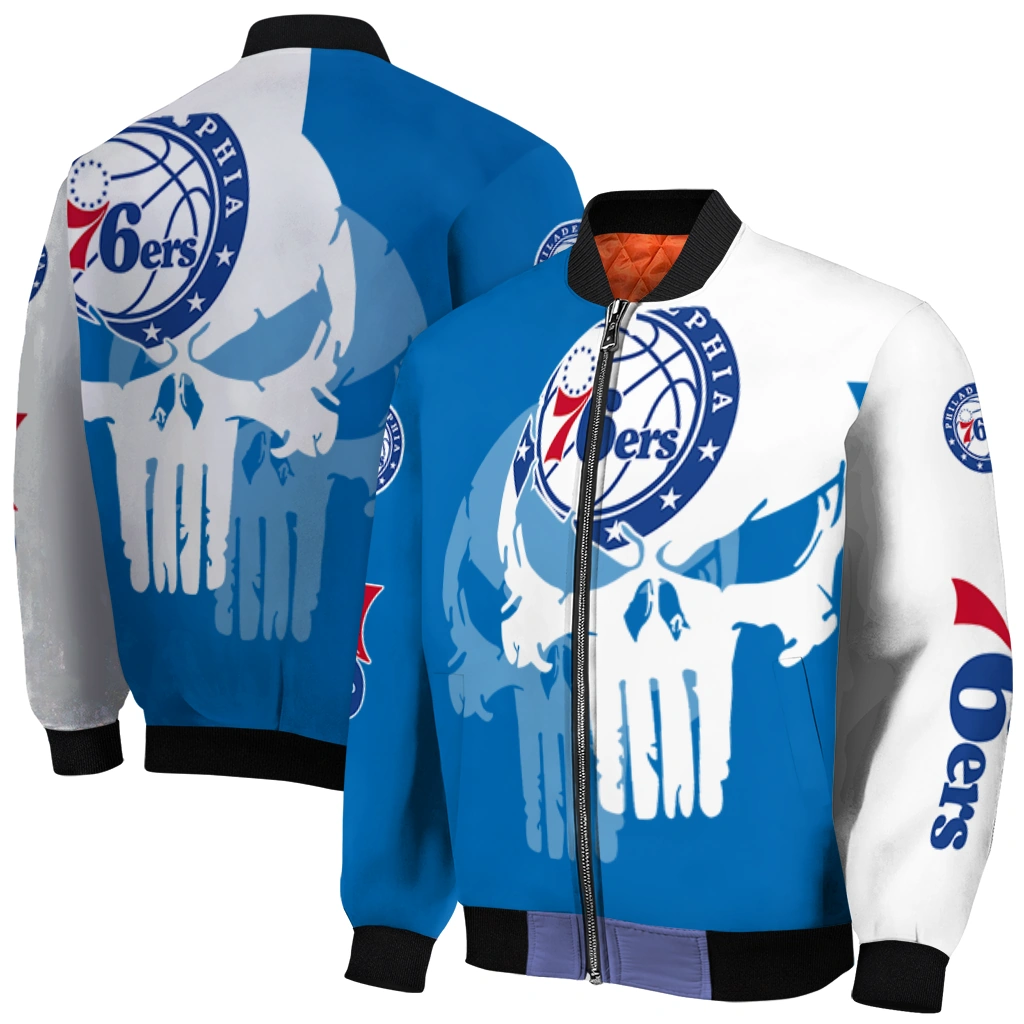 philadelphia 76ers skull outline blue white bomber jacket best selling philadelphia 76ers skull outline blue white bomber jacket best selling