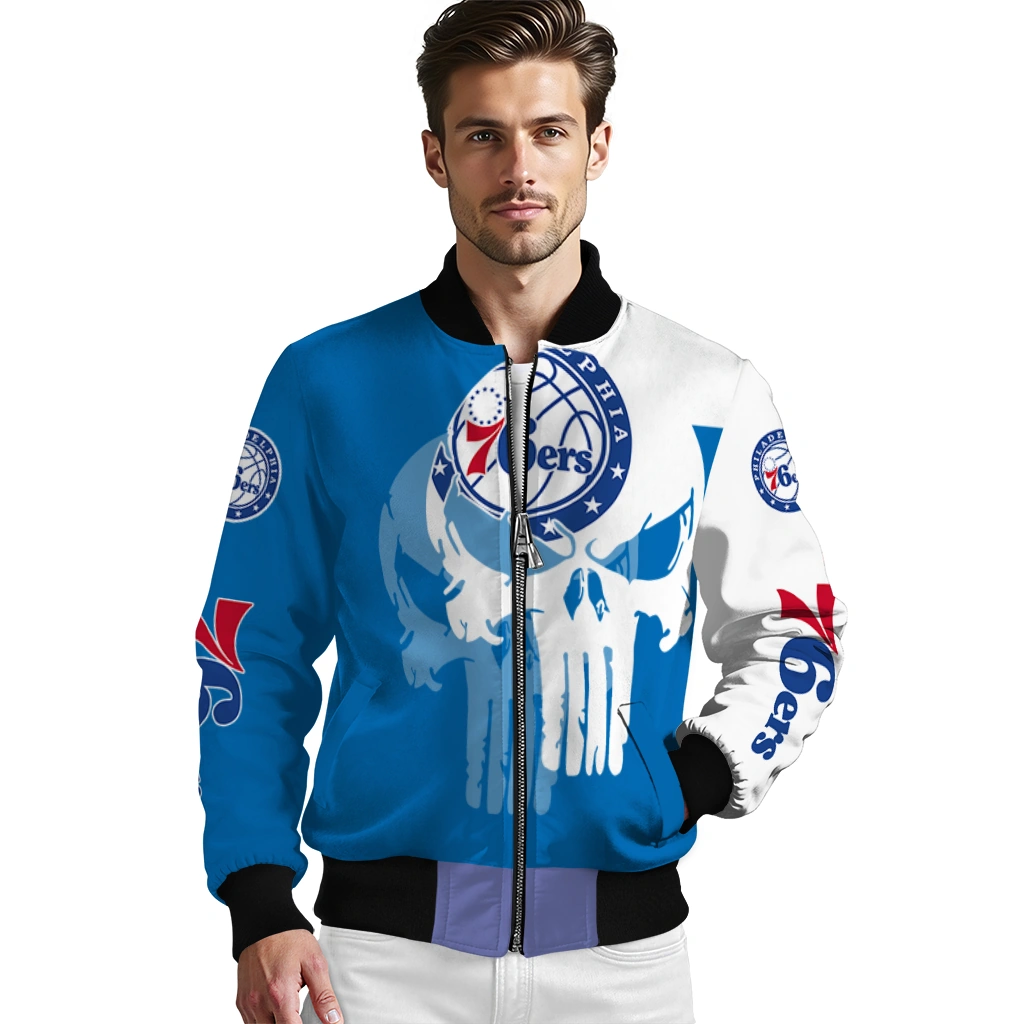 philadelphia 76ers skull outline blue white bomber jacket high quality philadelphia 76ers skull outline blue white bomber jacket high quality