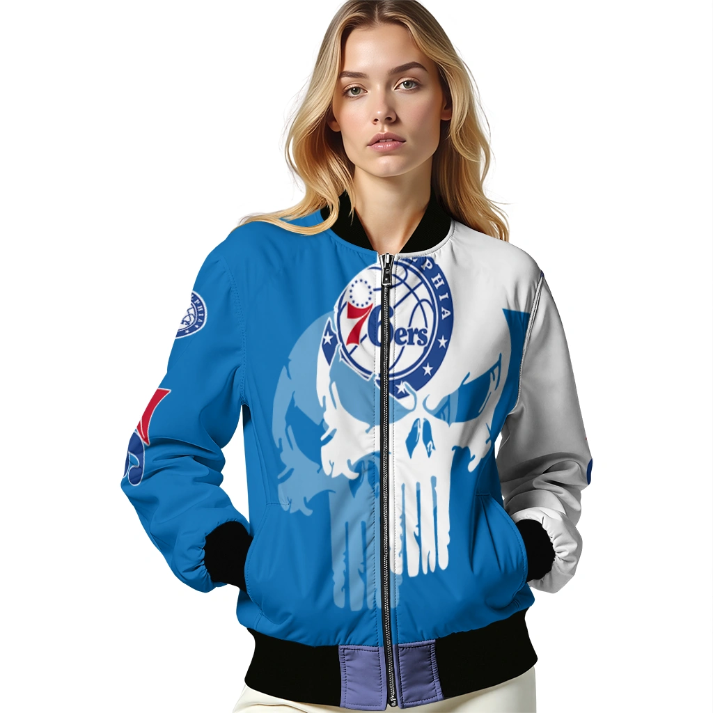 philadelphia 76ers skull outline blue white bomber jacket latest model philadelphia 76ers skull outline blue white bomber jacket latest model