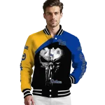 pittsburgh panthers edgy mask royal blue black varsity jacket best selling