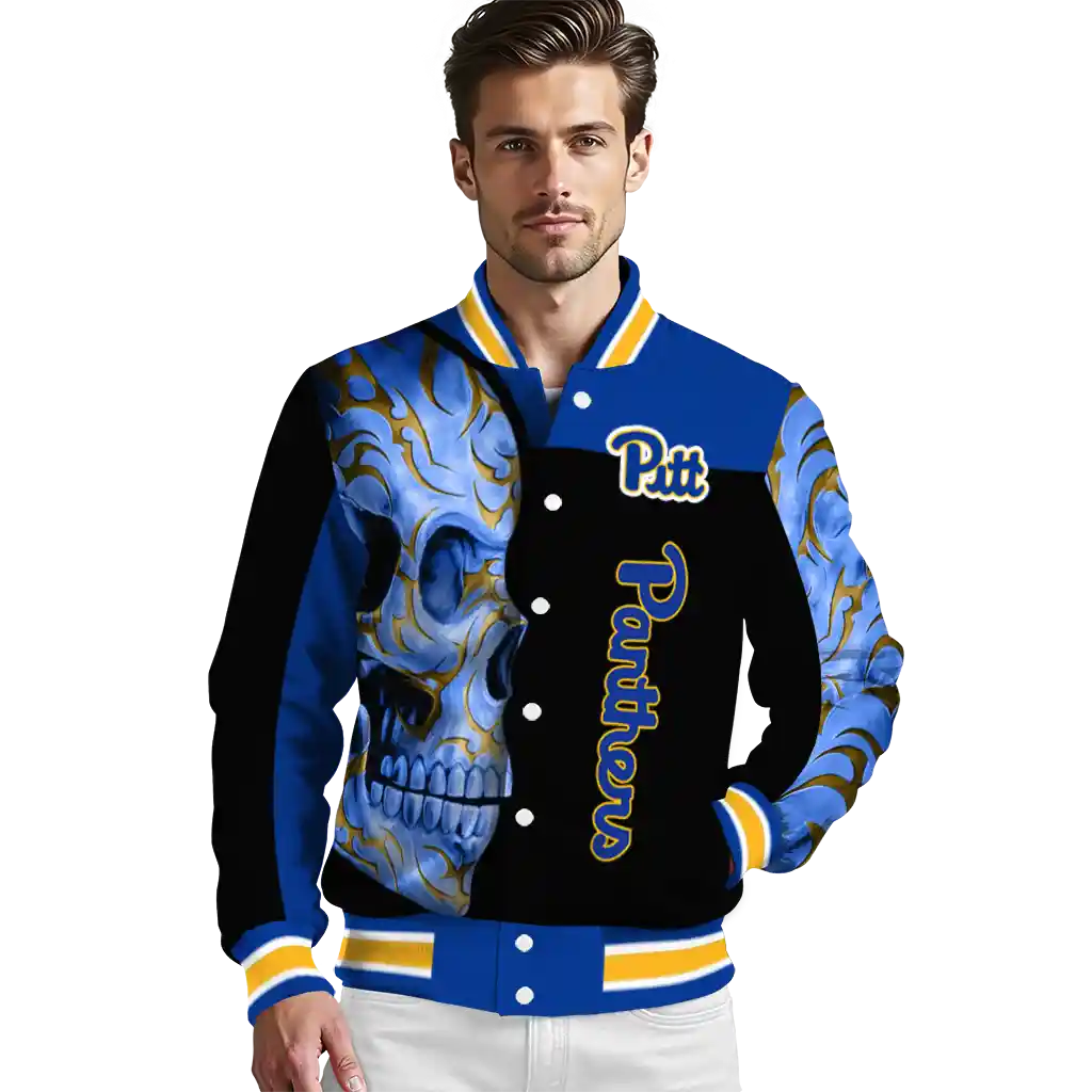 pittsburgh panthers fire skull royal blue black varsity jacket high quality pittsburgh panthers fire skull royal blue black varsity jacket high quality