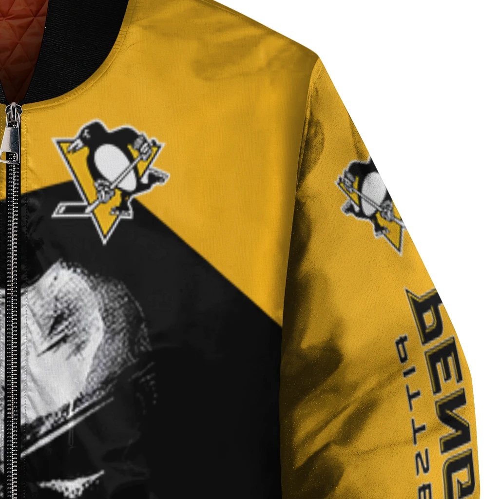 pittsburgh penguins edgy mask yellow black bomber jacket premium grade pittsburgh penguins edgy mask yellow black bomber jacket premium grade