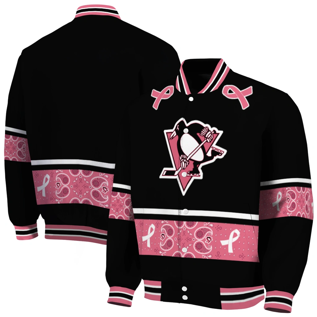 pittsburgh penguins pink ribbon black pink varsity jacket fashion forward pittsburgh penguins pink ribbon black pink varsity jacket fashion forward