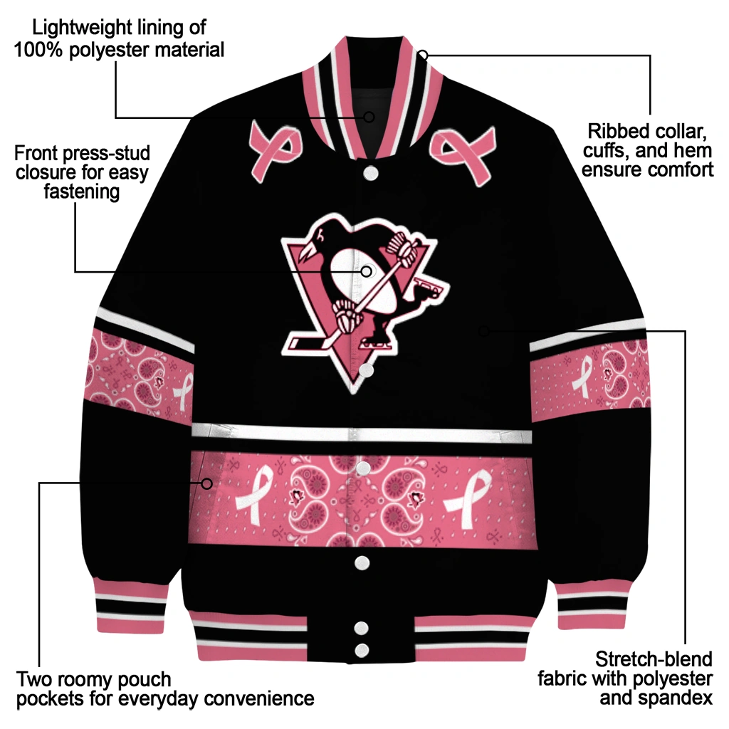 pittsburgh penguins pink ribbon black pink varsity jacket new arrival pittsburgh penguins pink ribbon black pink varsity jacket new arrival