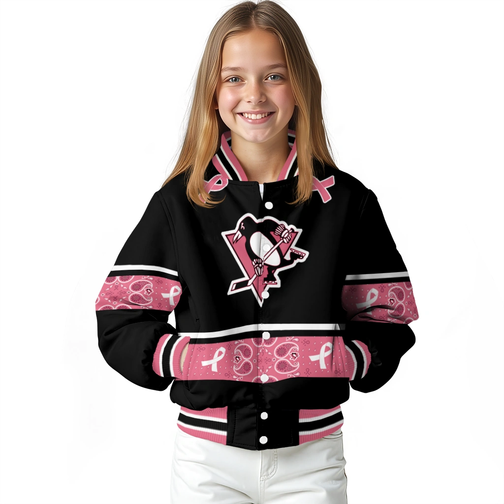 pittsburgh penguins pink ribbon black pink varsity jacket top rated pittsburgh penguins pink ribbon black pink varsity jacket top rated