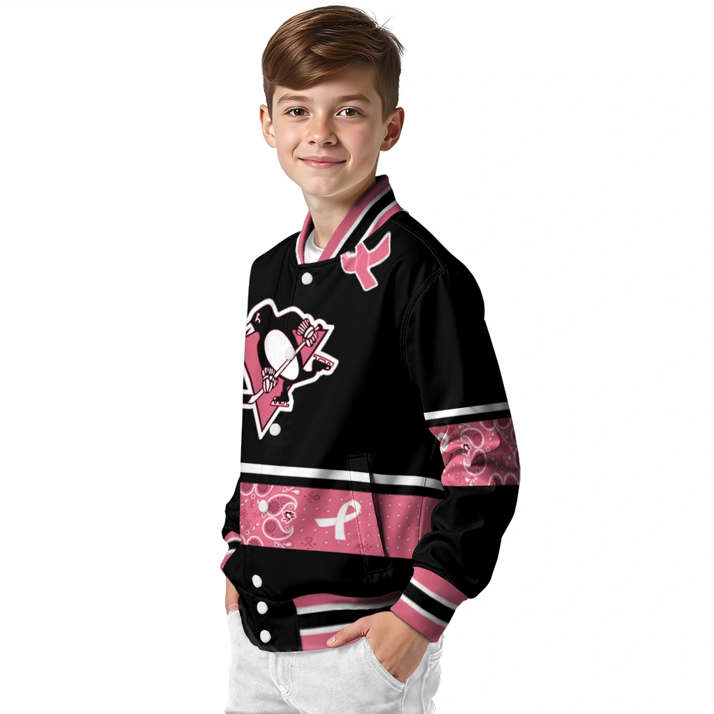 pittsburgh penguins pink ribbon black pink varsity jacket trendy pittsburgh penguins pink ribbon black pink varsity jacket trendy