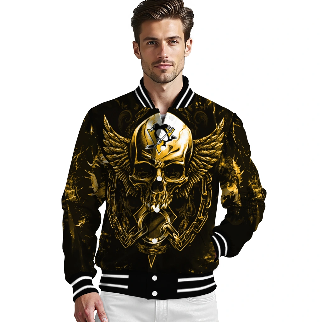 pittsburgh penguins skull bite yellow black varsity jacket high quality pittsburgh penguins skull bite yellow black varsity jacket high quality