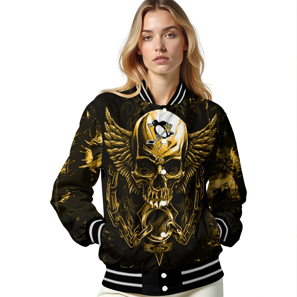 pittsburgh penguins skull bite yellow black varsity jacket latest model pittsburgh penguins skull bite yellow black varsity jacket latest model