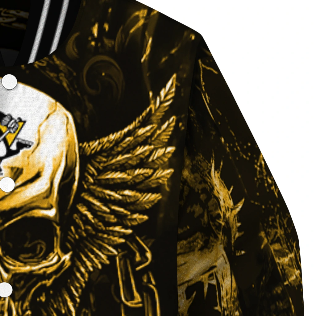 pittsburgh penguins skull bite yellow black varsity jacket premium grade pittsburgh penguins skull bite yellow black varsity jacket premium grade