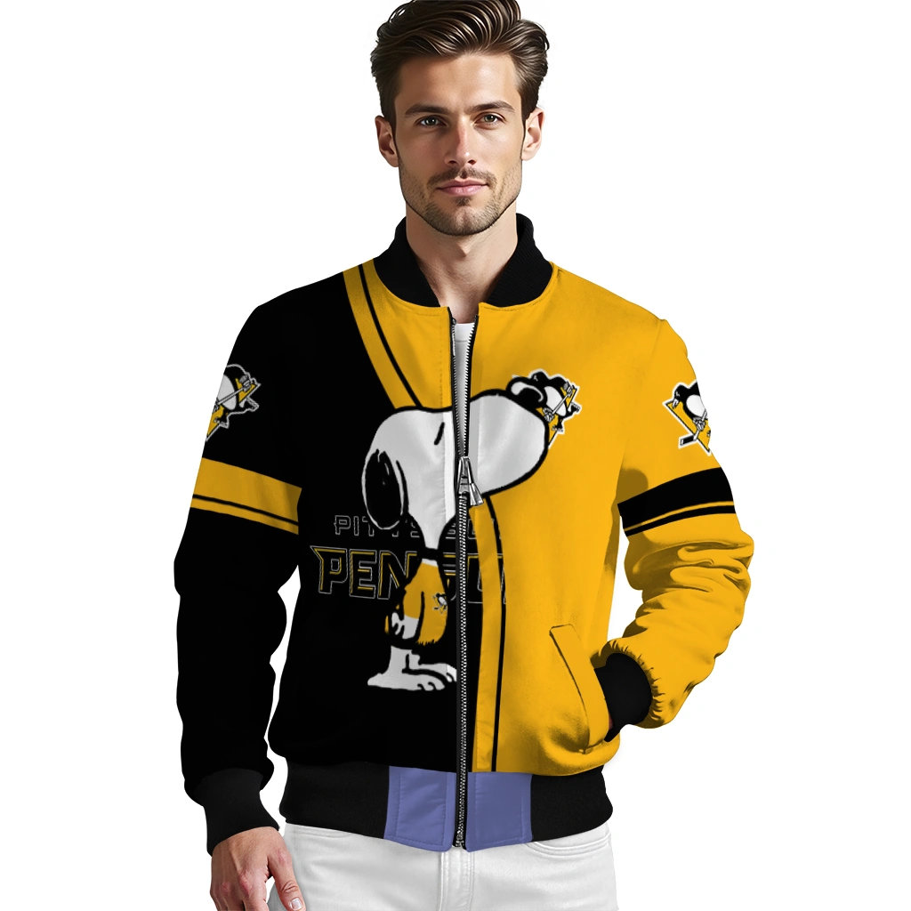 pittsburgh penguins snoopy attitude yellow bomber jacket high quality pittsburgh penguins snoopy attitude yellow bomber jacket high quality