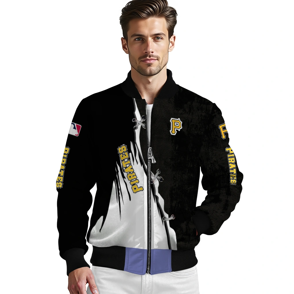 pittsburgh pirates grunge cut design black bomber jacket high quality pittsburgh pirates grunge cut design black bomber jacket high quality