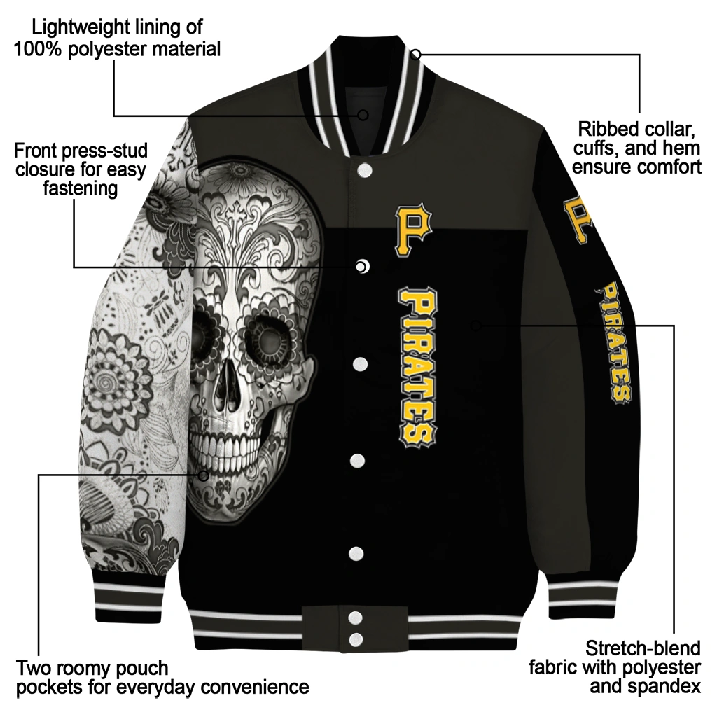 pittsburgh pirates intricate skull black varsity jacket new arrival pittsburgh pirates intricate skull black varsity jacket new arrival