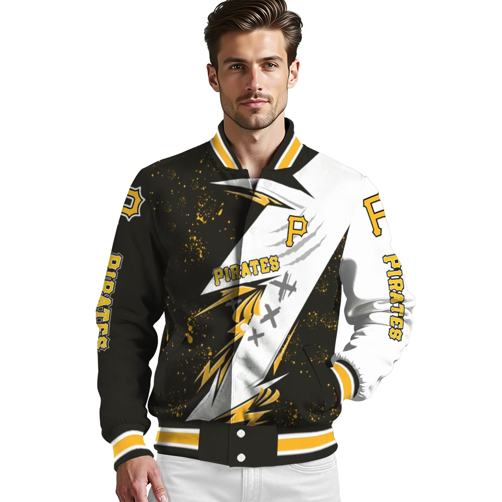 pittsburgh pirates ripped bolt black white varsity jacket high quality pittsburgh pirates ripped bolt black white varsity jacket high quality
