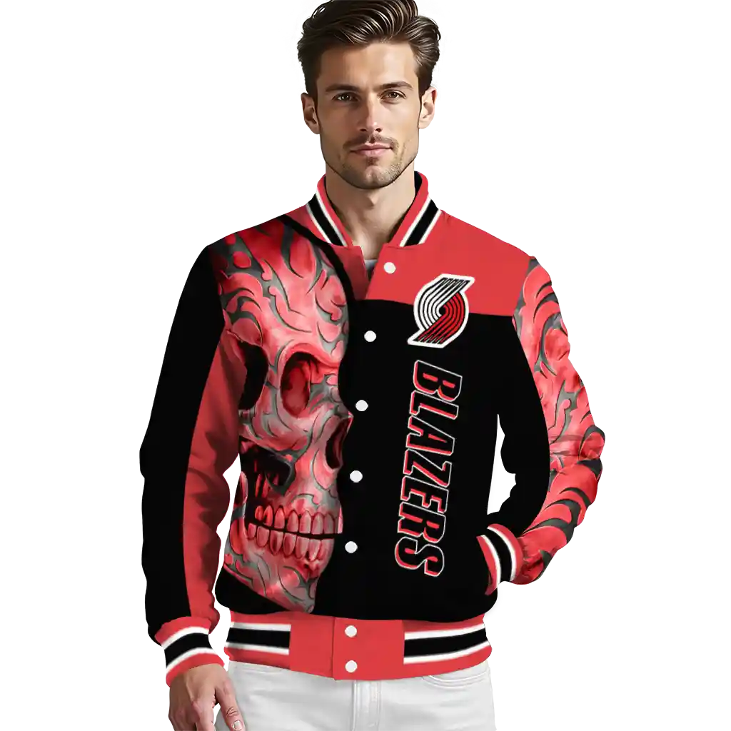 portland trail blazers fire skull red black varsity jacket high quality portland trail blazers fire skull red black varsity jacket high quality