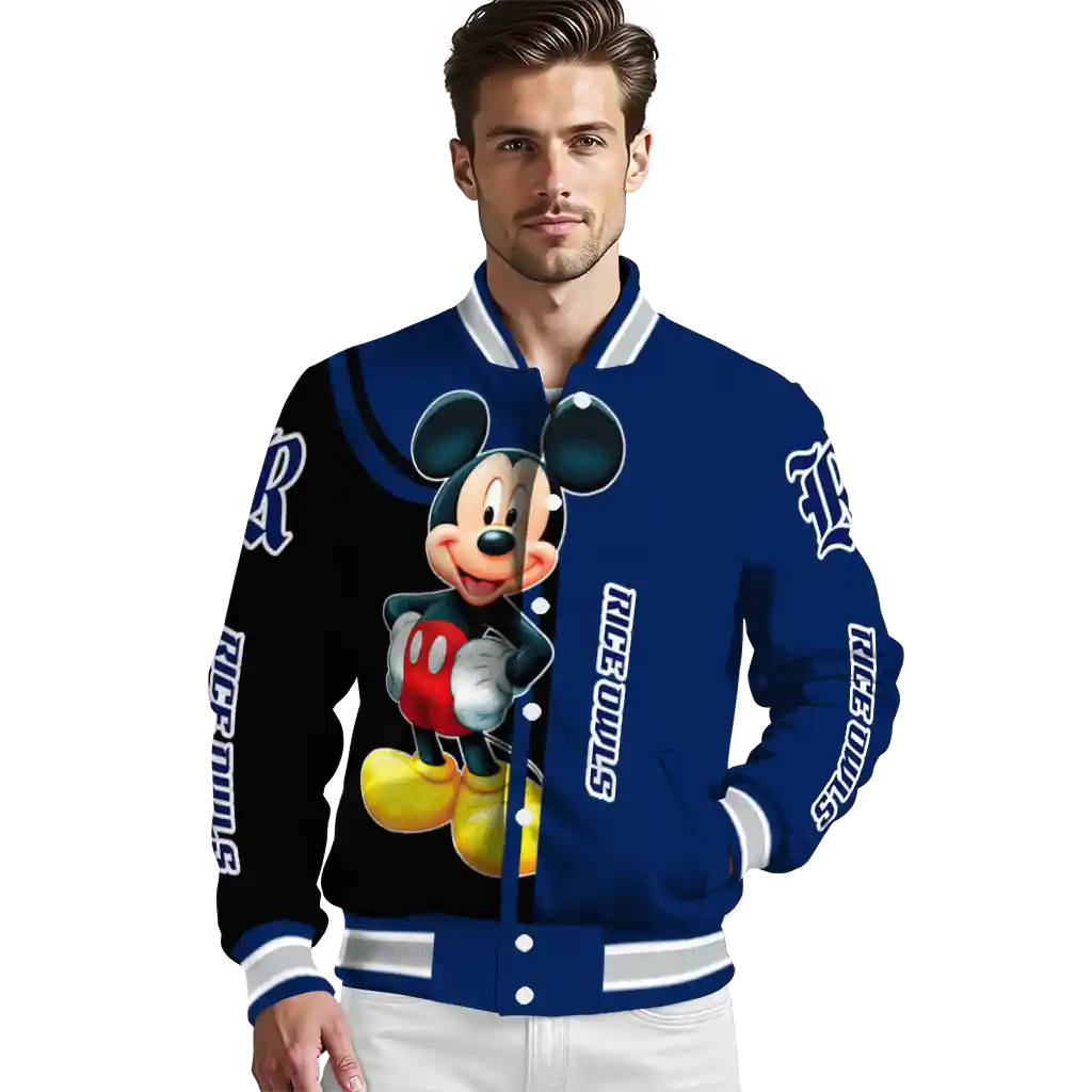 rice owls mickey mouse navy blue varsity jacket high quality rice owls mickey mouse navy blue varsity jacket high quality