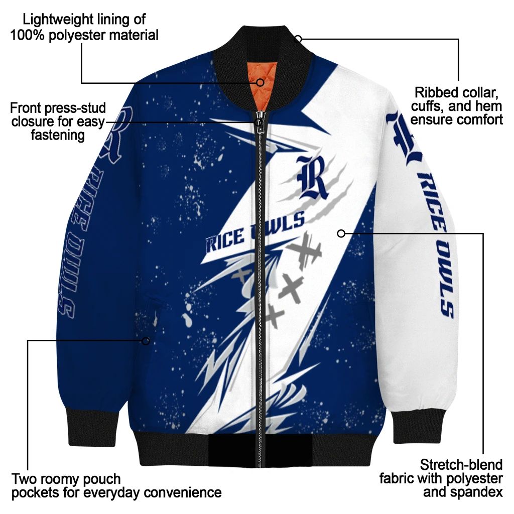 rice owls ripped bolt navy blue white bomber jacket new arrival rice owls ripped bolt navy blue white bomber jacket new arrival